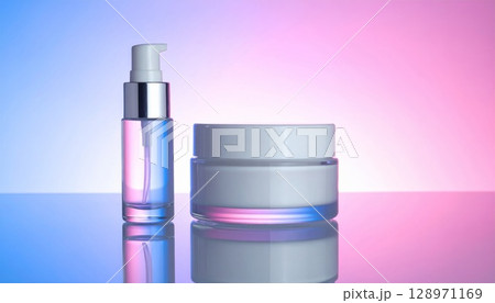 Cosmetic Products on Reflective Surface with Gradient Pink and Blue Background Cosmetic Products on Reflective Surface with Gradient Pink and Blue Background 128971169