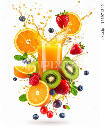 Fresh Fruit Juice Splash with Oranges Strawberries and Kiwis on White Background Fresh Fruit Juice Splash with Oranges Strawberries and Kiwis on White Background 128971240