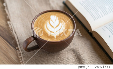 Ceramic Coffee Cup with Latte Art and an Open Book on a Burlap Mat on a Wooden Table 128971334