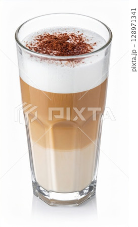 Layered Cappuccino in Tall Glass with Foamy Top and Chocolate Sprinkles on White Surface 128971341