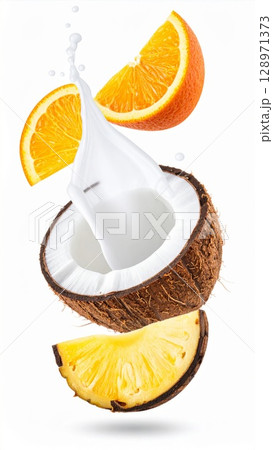 Vibrant Coconut Milk Splash with Orange and Pineapple Slices on White Background Vibrant Coconut Milk Splash with Orange and Pineapple Slices on White Background 128971373