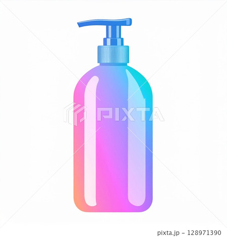 Colorful Gradient Liquid Soap Bottle with Blue Pump on White Background 128971390