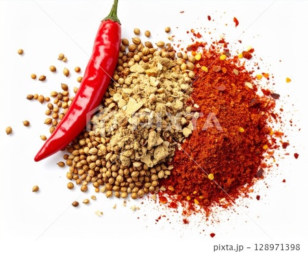 Arrangement of Red Chili Pepper and Assorted Spices on White Surface Still Life Arrangement of Red Chili Pepper and Assorted Spices on White Surface Still Life 128971398