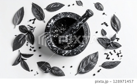 Monochrome Mortar and Pestle with Fresh Basil Leaves on White Background 128971457