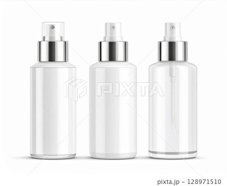 Three White Spray Bottles with Silver Caps Isolated on White Backgrounds 128971510
