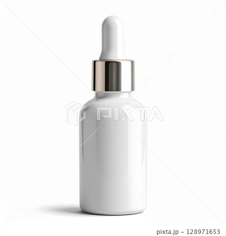 Close Up of White Glass Dropper Bottle with Golden Cap for Cosmetic Oil Close Up of White Glass Dropper Bottle with Golden Cap for Cosmetic Oil 128971653