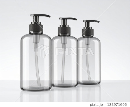 Three Clear Plastic Pump Bottles on White Surface for Beauty Product Mockups 128971696