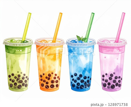 Assorted Watercolor Boba Drinks with Tapioca Pearls in Transparent Plastic Cups on White Assorted Watercolor Boba Drinks with Tapioca Pearls in Transparent Plastic Cups on White 128971738