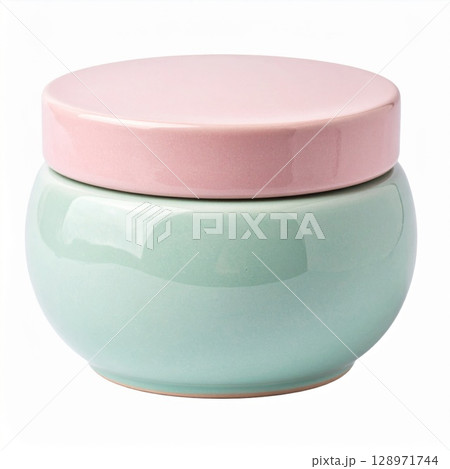 Pastel Green Ceramic Jar with Pink Lid Isolated on White Background 128971744