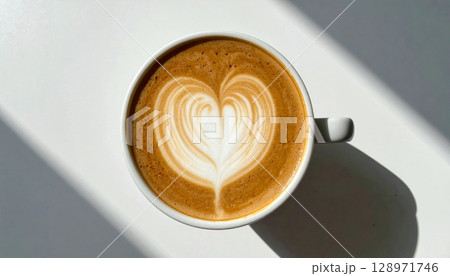 Heart Latte Art in White Ceramic Cup on White Table Under Bright Sunlight 128971746