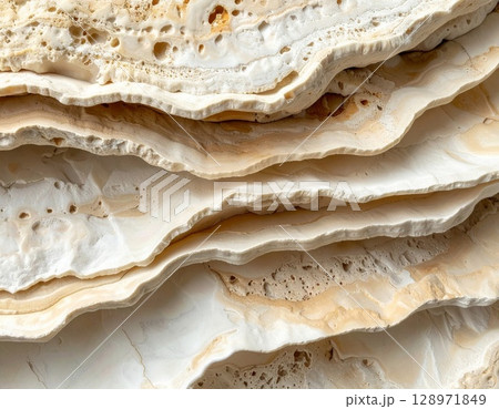 Tan and White Marbled Stone Layers with Rough Texture Detailed Close Up 128971849