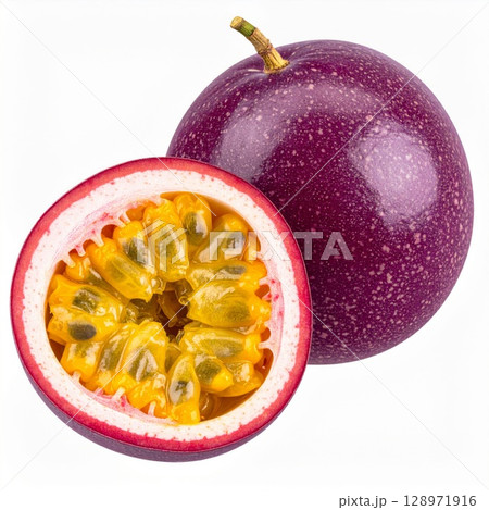 Passion Fruit Cut in Half Exhibiting Yellow Pulp on White Background Studio Shot Passion Fruit Cut in Half Exhibiting Yellow Pulp on White Background Studio Shot 128971916