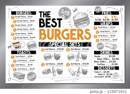 The best burgers - table menu card template - tabloid, ledger format (11 x 17 inches) - vector illustration 128971932