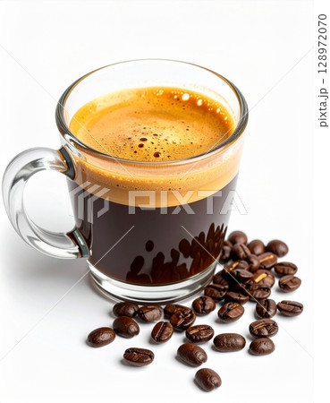 Clear Cup of Black Coffee with Rich Creamy Foam and Roasted Coffee Beans on White Surface 128972070