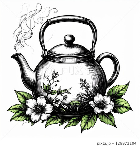 Vintage Style Teapot with Floral Decoration and Steam Emission Illustration in White Background 128972104