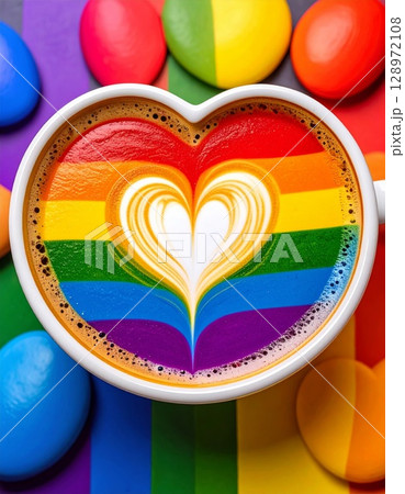 Vibrant Rainbow Colored Latte Art with Heart Shape Design on Colorful Background 128972108