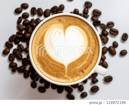 Latte Art Coffee with Heart Shape in White Cup and Coffee Beans Around Latte Art Coffee with Heart Shape in White Cup and Coffee Beans Around 128972199