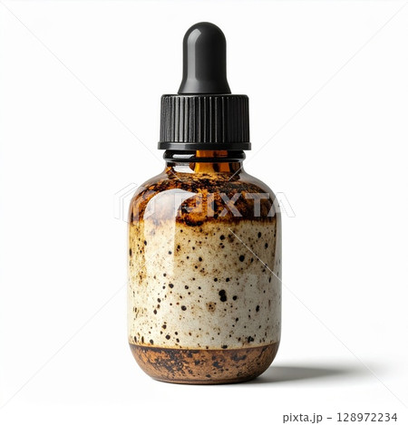 Ceramic Textured Bottle with Black Dropper on a Clean White Background Still Life 128972234