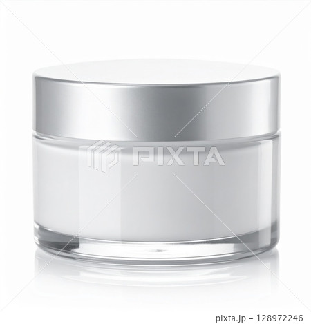 Cosmetic Cream Jar in Clear Glass Container With Silver Lid on White Background 128972246