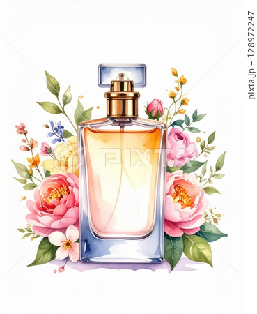 Elegant Perfume Bottle Surrounded by Colorful Floral Watercolor Illustration 128972247