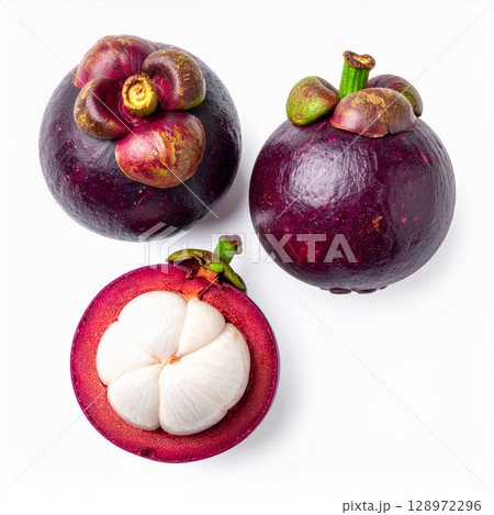 Three Purple Mangosteens on White Background Delicious and Healthy Fruits 128972296