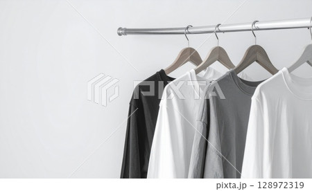 Hanging Assortment of Long Sleeve Shirts on Wooden Hangers Against a White Wall 128972319