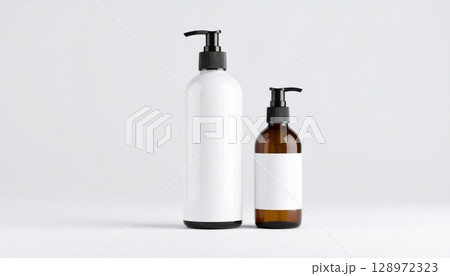 White And Brown Pump Bottles Mockup For Cosmetic Products On Plain Background 128972323