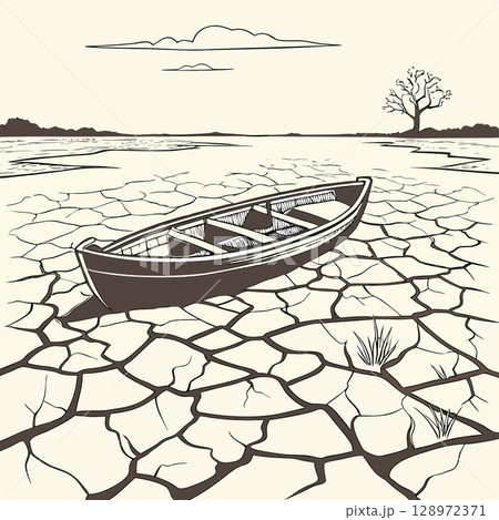 Drought-stricken land, stranded boat. Cracked earth, vanishing water. Climate change impact, environmental crisis. Drought-stricken land, stranded boat. Cracked earth, vanishing water. Climate change impact, environmental crisis. 128972371