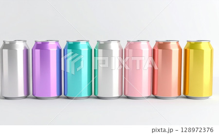 Pastel Toned Aluminum Cans in a Row Displayed on White Seamless Background in Studio Light 128972376