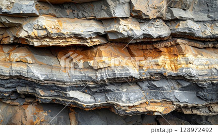 Detailed Close Up of Layered Sedimentary Rock Formations Showing Natural Texture Detailed Close Up of Layered Sedimentary Rock Formations Showing Natural Texture 128972492