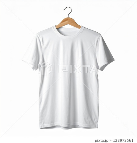 Plain White Tshirt Hanging on Wooden Hanger Mockup in Studio Shot Plain White Tshirt Hanging on Wooden Hanger Mockup in Studio Shot 128972561
