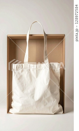 Beige Canvas Tote Bag inside Cardboard Box Container on Light Background 128972584