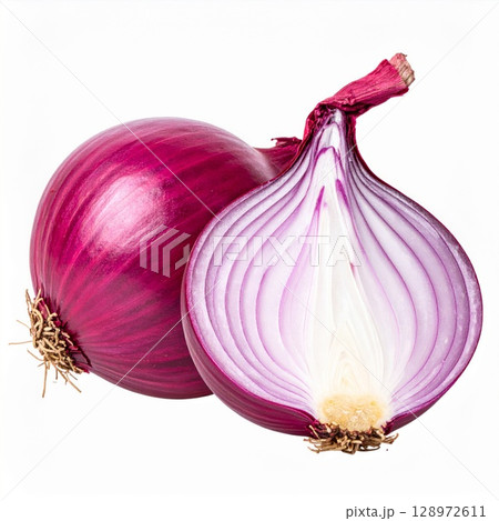 Two Fresh Red Onions One Cut in Half Isolated on White a Culinary Herb 128972611