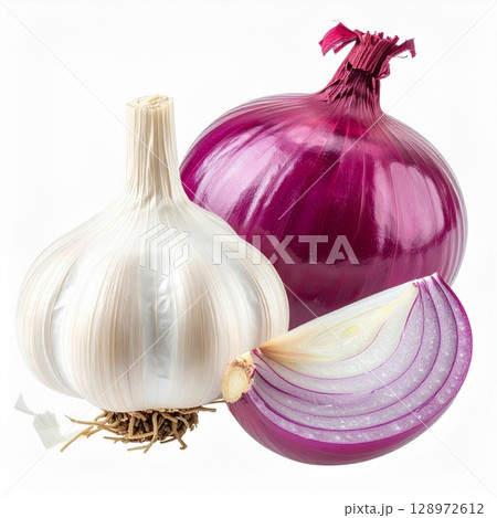 Close Up of Garlic Bulb Red Onion and Slice Isolated on White Background Close Up of Garlic Bulb Red Onion and Slice Isolated on White Background 128972612