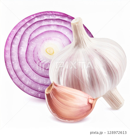 Vibrant Still Life of Red Onion Slice and Garlic Cloves Against White Backdrop Vibrant Still Life of Red Onion Slice and Garlic Cloves Against White Backdrop 128972613
