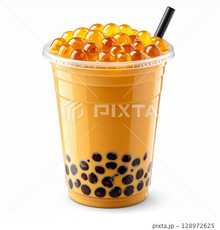 Refreshing Bubble Tea with Tapioca Pearls in Clear Plastic Cup with Black Straw Refreshing Bubble Tea with Tapioca Pearls in Clear Plastic Cup with Black Straw 128972625