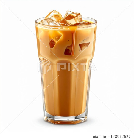 Iced Coffee in Clear Glass with Ice Cubes Against White Background Studio Shot 128972627
