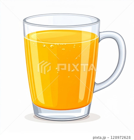 Pixelated Orange Juice in a Clear Glass Mug on a White Background 128972628