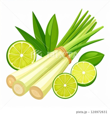 Fresh Lemongrass and Lime with Green Leaves on White Background Still Life Fresh Lemongrass and Lime with Green Leaves on White Background Still Life 128972631