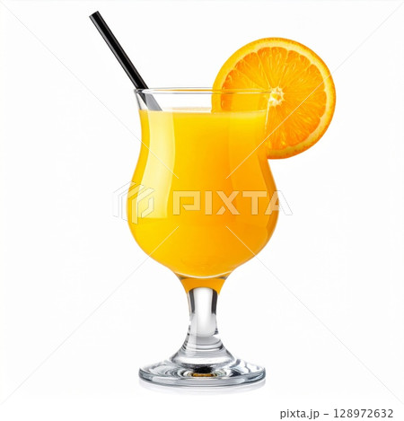 Glass of Vibrant Orange Juice with Black Straw and Citrus Slice on White Glass of Vibrant Orange Juice with Black Straw and Citrus Slice on White 128972632