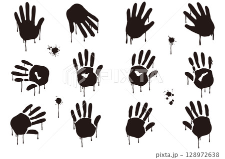 血が滴る手形と血飛沫のシルエットイラスト 128972638