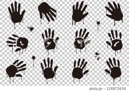 血が滴る手形と血飛沫のシルエットイラスト 128972638