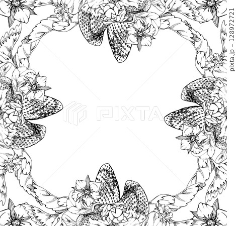 Strawberry leaves flowers garland frame, pineberry strasberry snakeberry ripe garden berries. Hand drawn in vector ink. Isolated square border illustration. Wedding stationery menu, grocery shop cards 128972721