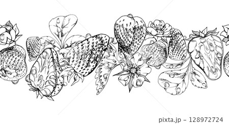 Strawberry ripe garden berries, flowers in water dew drops. Seamless isolated banner garland hand drawn in vector ink. Home preserves, textile washi tape, food store decor, recipe book, dessert menu 128972724