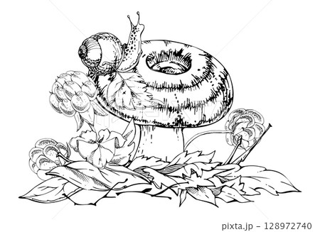 Lactarius milk-cap russula striped mushroom, snail on cap, cloudberry berries, dried pine needles, autumn leaves pile. Fungus nature illustration hand drawn in vector ink. Forest floor woodland scene 128972740
