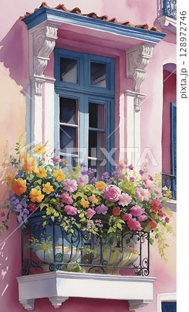 Balcony with colorful flowers and ornate railing.  128972746
