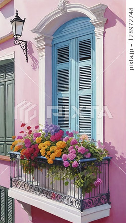 Balcony with colorful flowers and ornate railing.  128972748