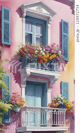 Balcony with colorful flowers and ornate railing.  Balcony with colorful flowers and ornate railing.  128972754