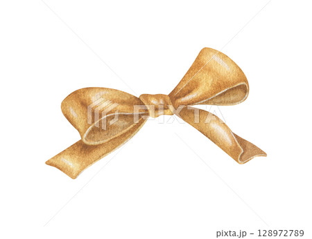 Golden shiny bow clipart. Watercolor illustration of a holiday decor. Hand drawn vintage sketch on white isolated background. Water color painting art image 128972789