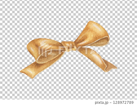 Golden shiny bow clipart. Watercolor illustration of a holiday decor. Hand drawn vintage sketch on white isolated background. Water color painting art image 128972789